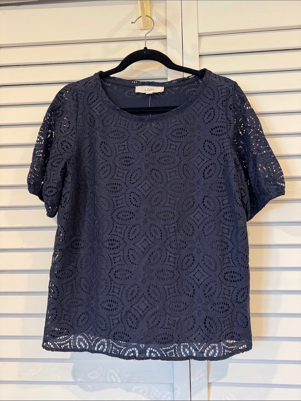 LOFT Navy Eyelet Short Sleeve Blouse